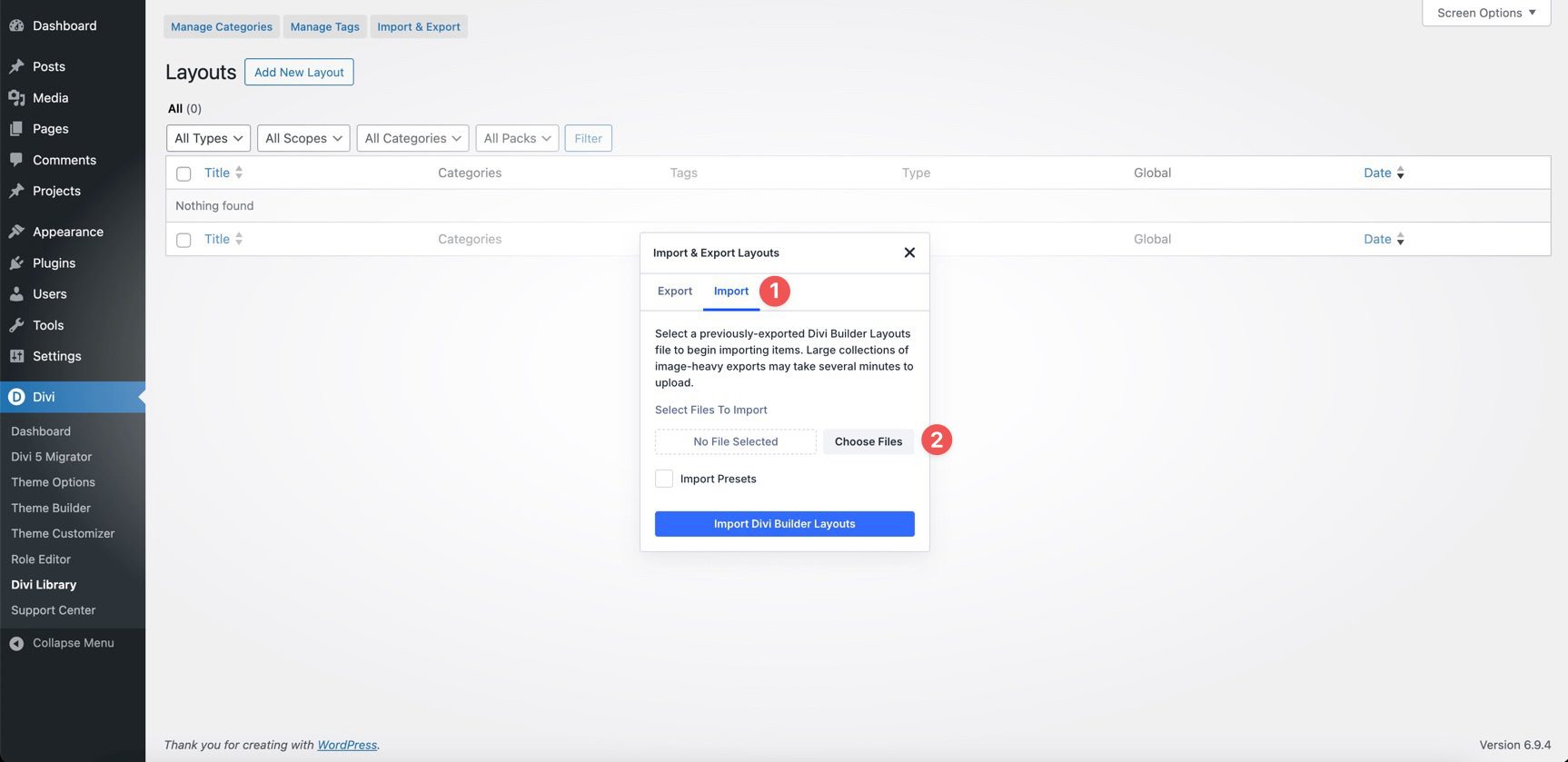 Import JSON files into Divi Library
