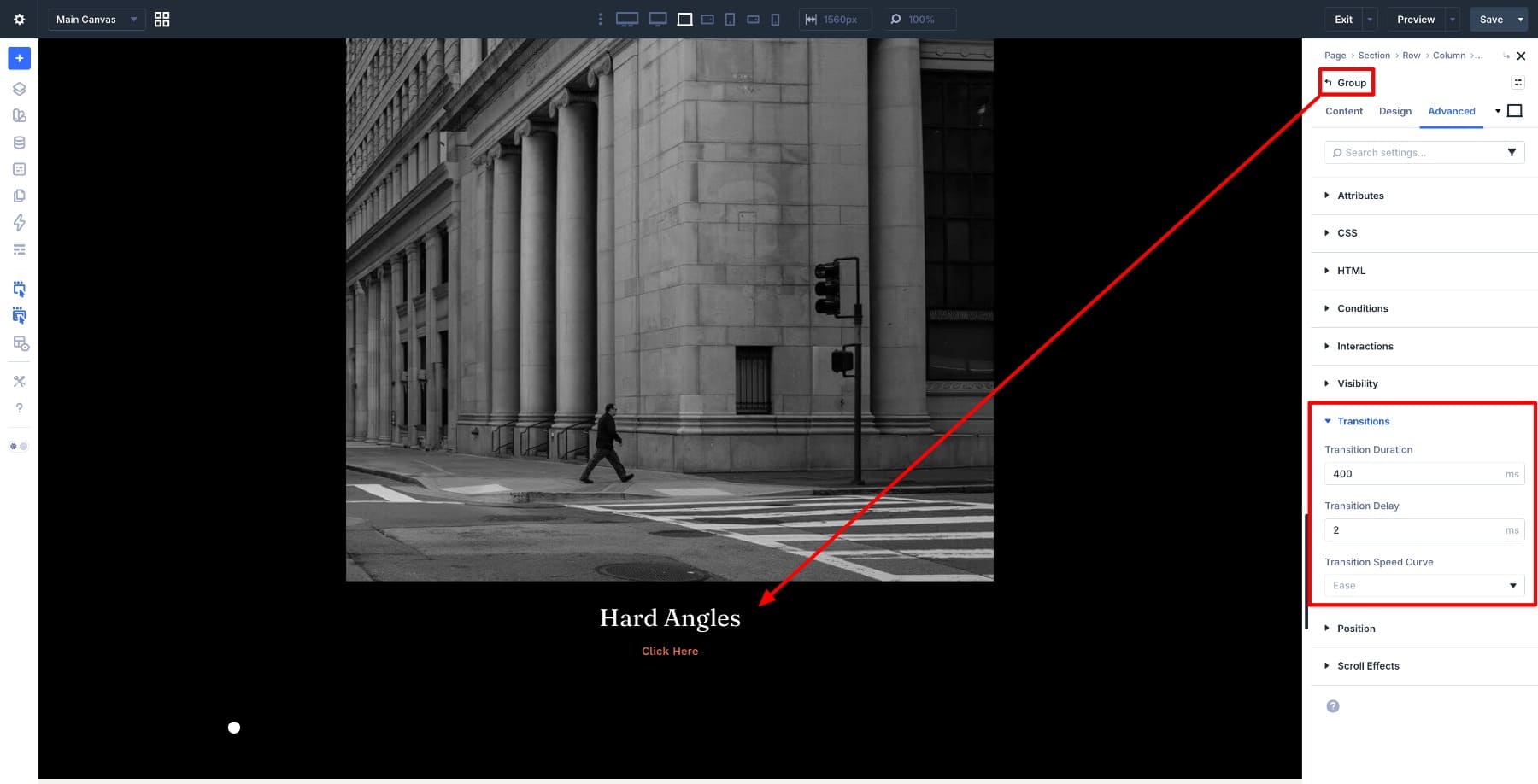 Transition settings on the content group in Divi 5