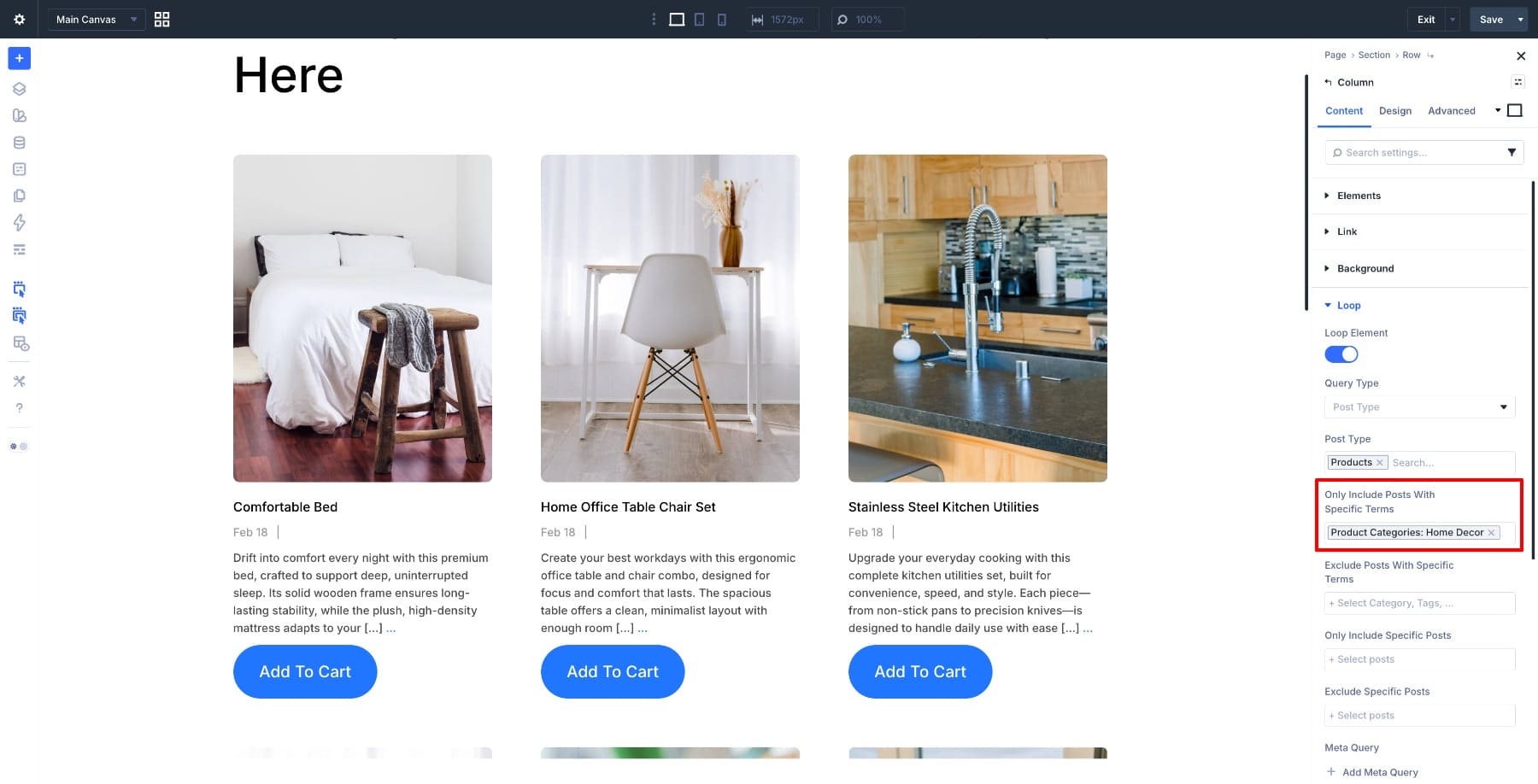 choose product category in loop builder option