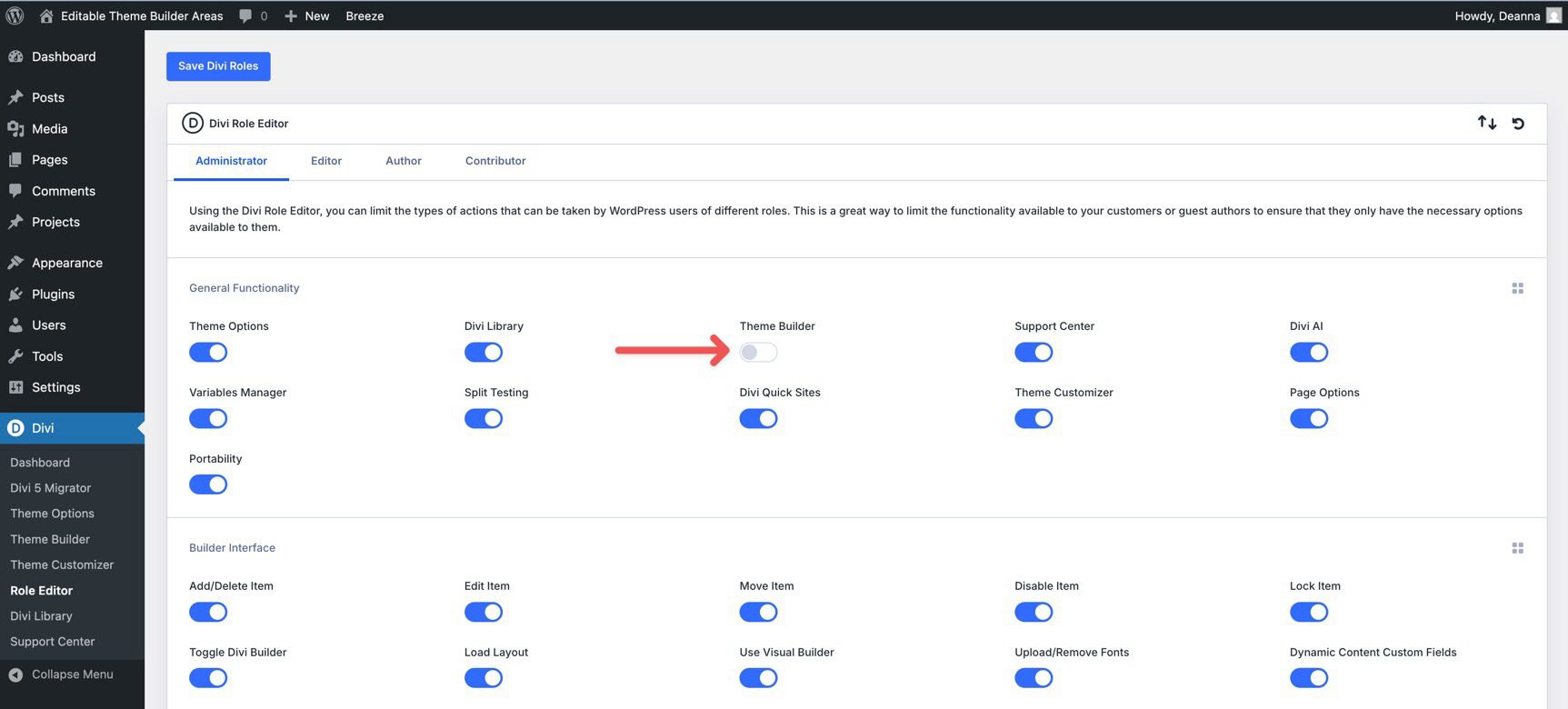 theme builder toggle in the Divi Role Editor