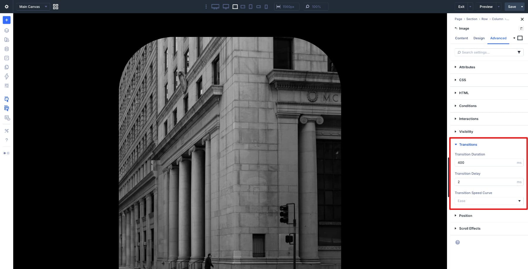 Transition settings in Divi 5