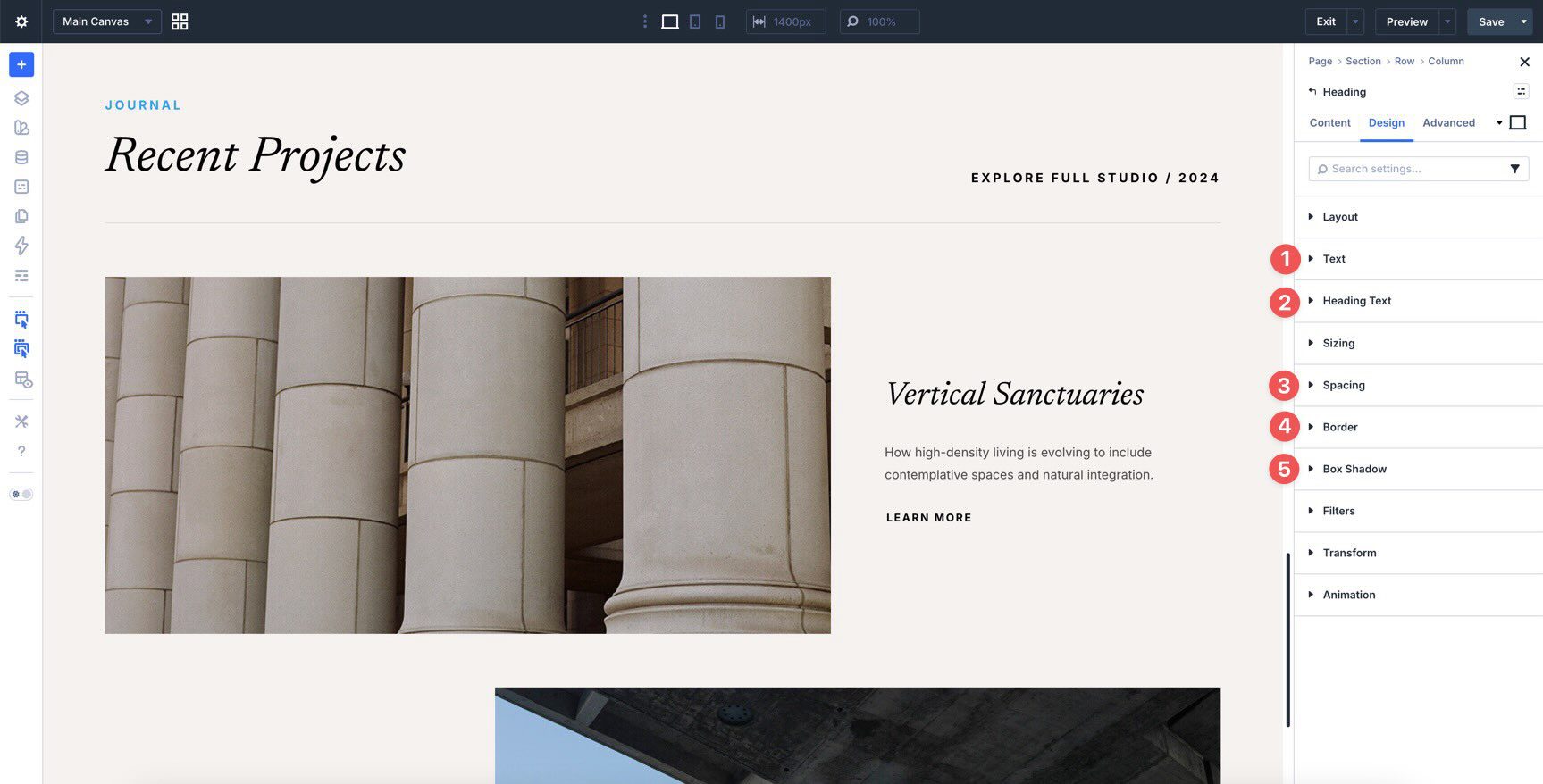 updating design settings in the Visual Builder