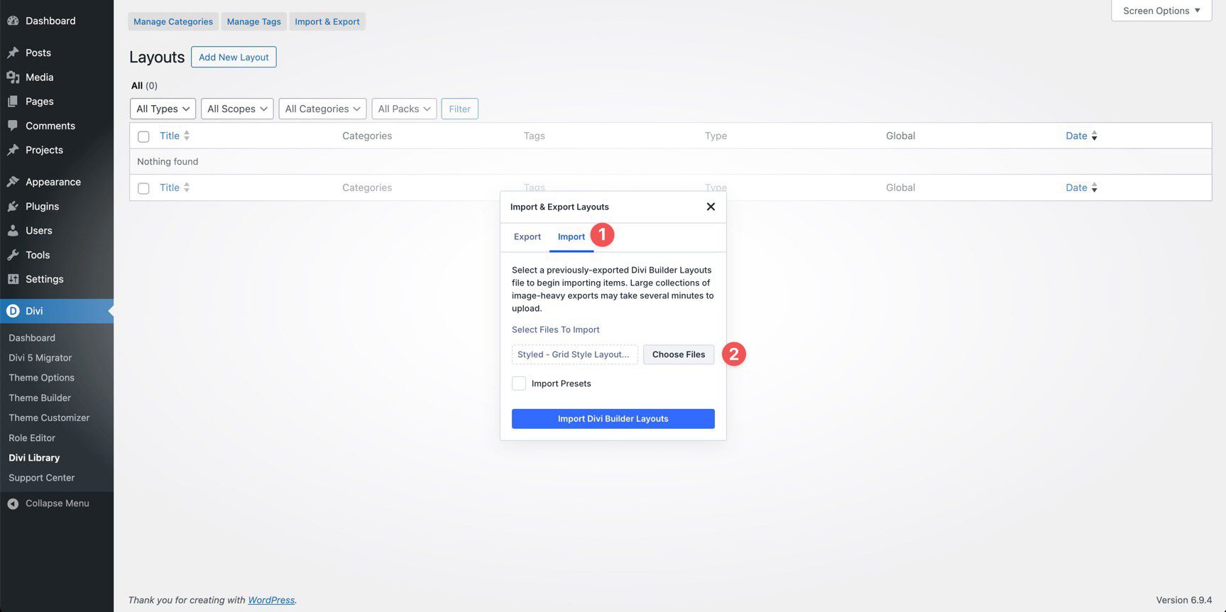 upload a JSON file into the Divi Library