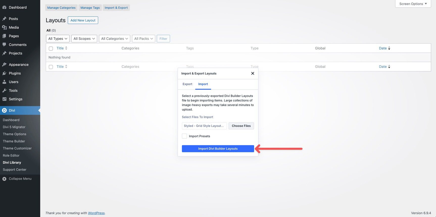 importing a layout into the Divi Library