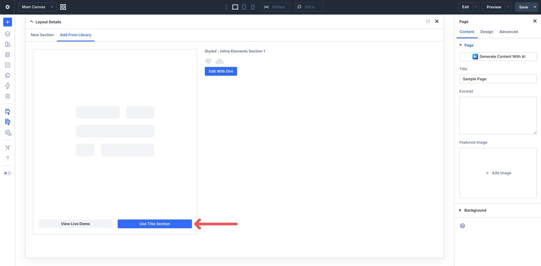 load a premade section from the Divi Library