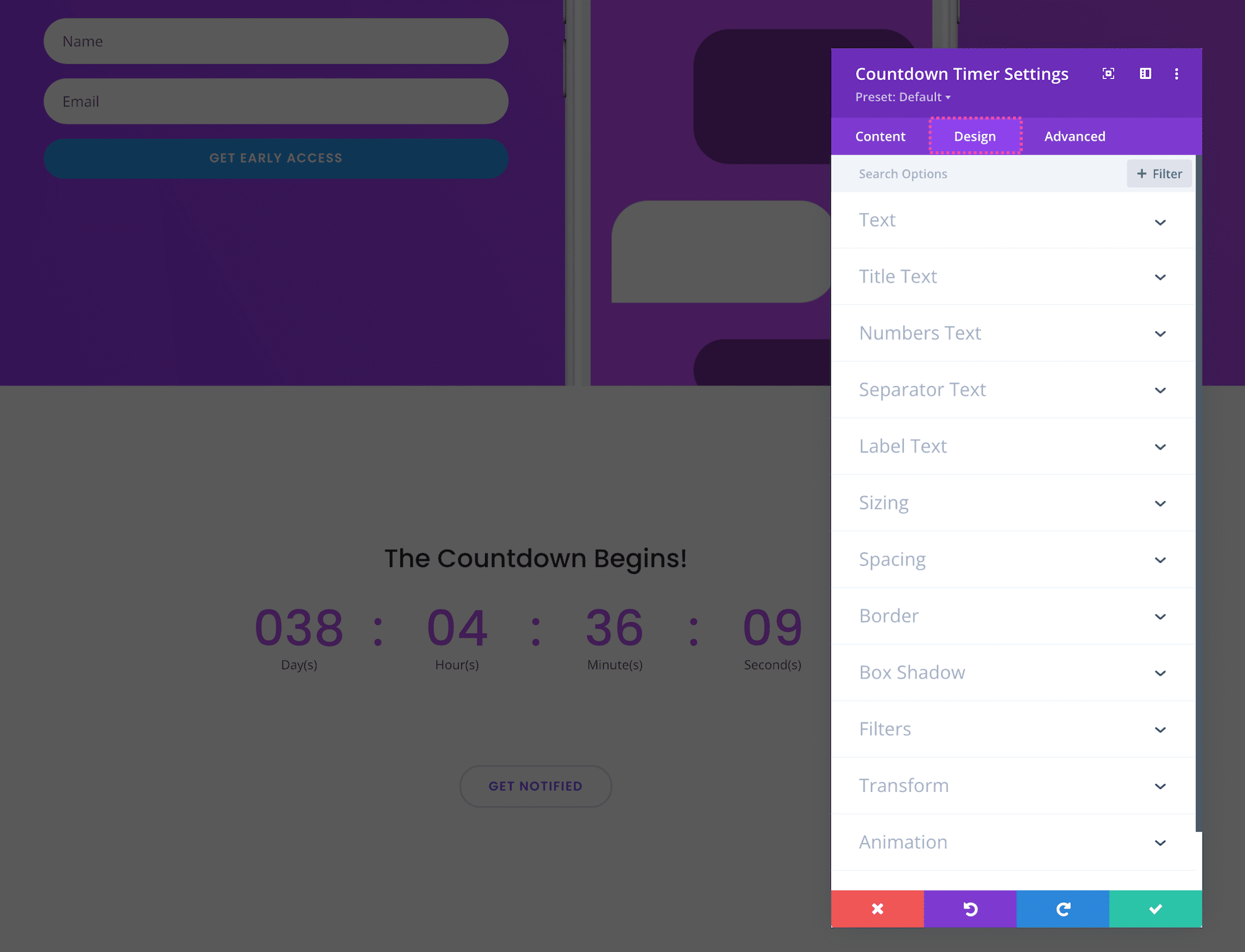 Divi Countdown Timer Module Design settings