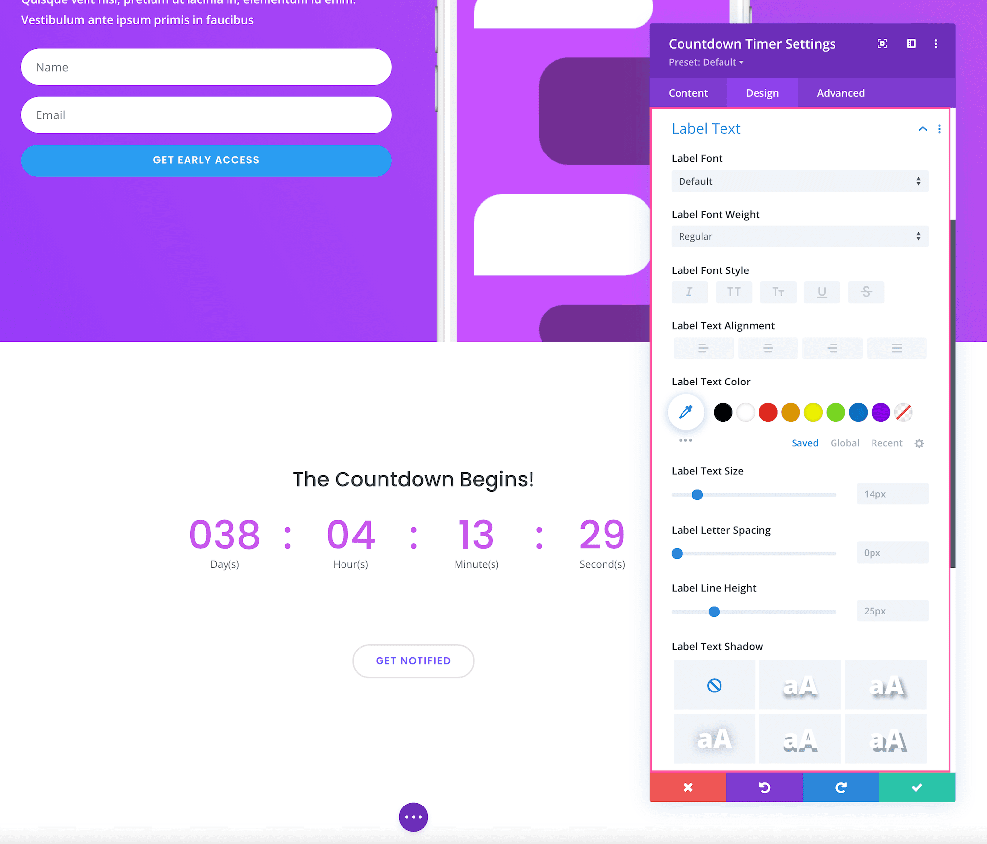 Divi Countdown Timer Module label text settings