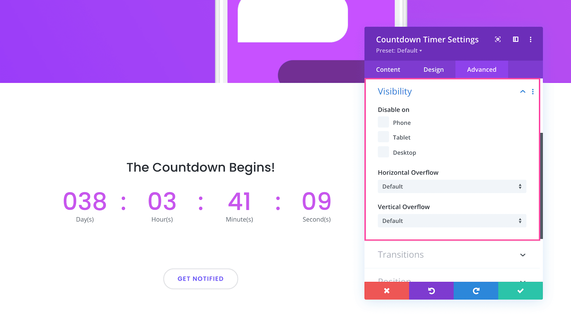 Divi Countdown Timer Module Visibility settings