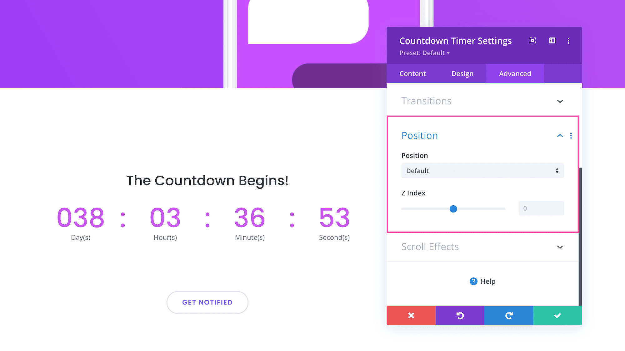 Divi Countdown Timer Module position