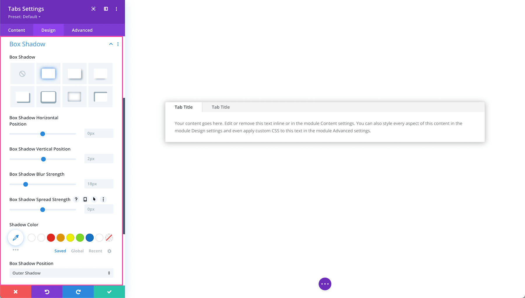 Divi Tabs Module box shadow