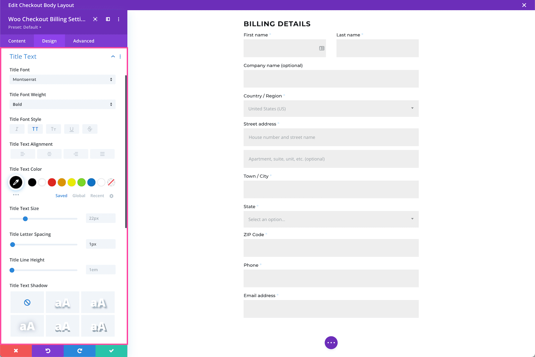 Divi Woo Checkout Billing Module