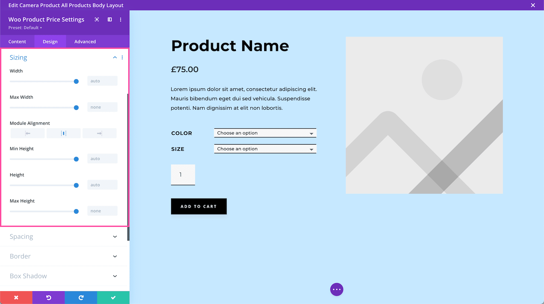 Sizing options for the Divi Woo Product Price Module
