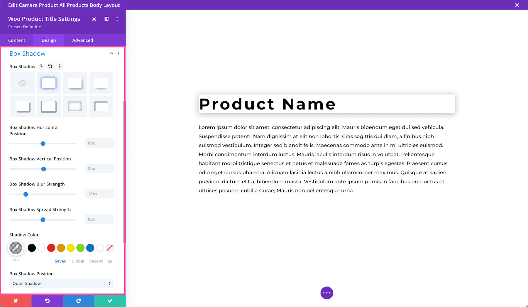 Box shadow options Divi Woo Product Title Module