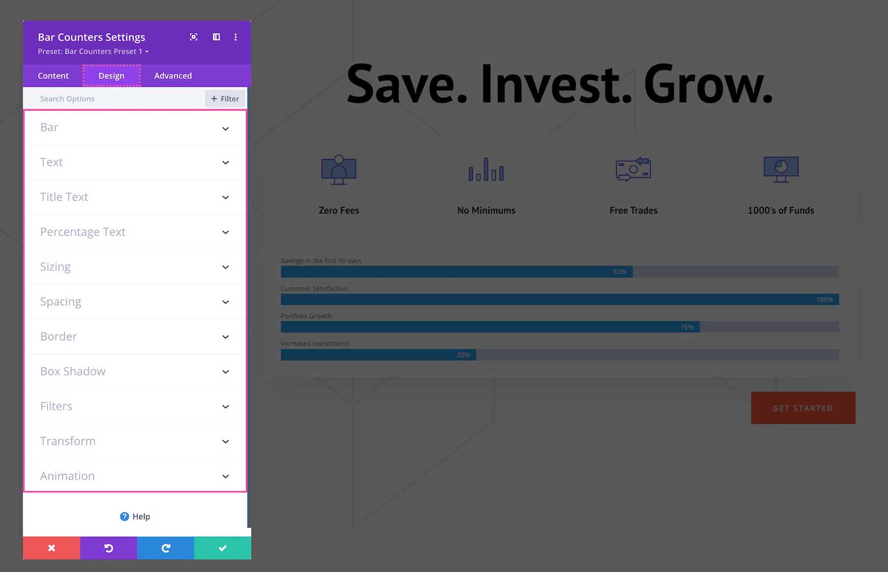Divi Bar Counters Module Design Settings