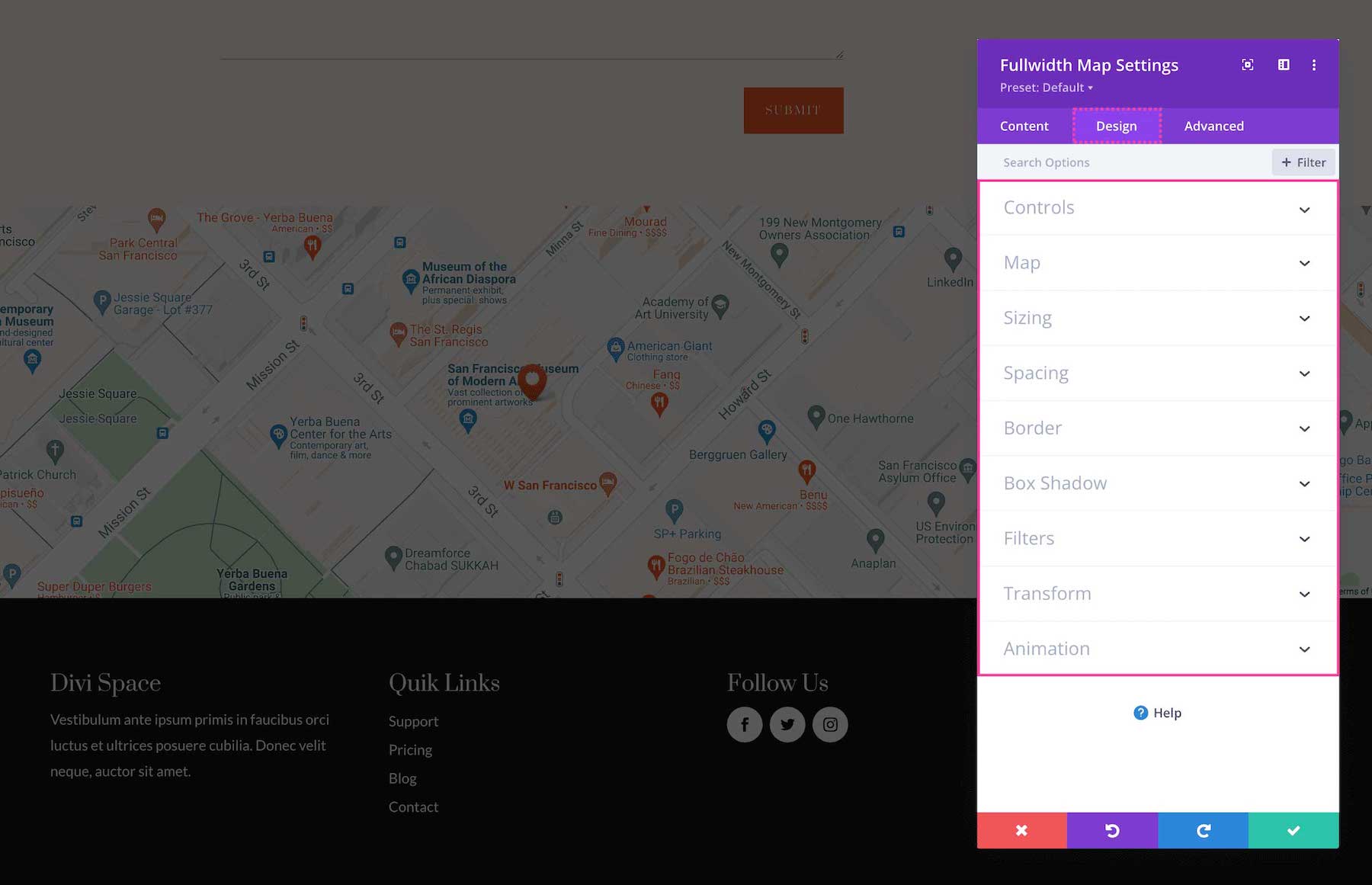 Divi Fullwidth Map Module Design Settings