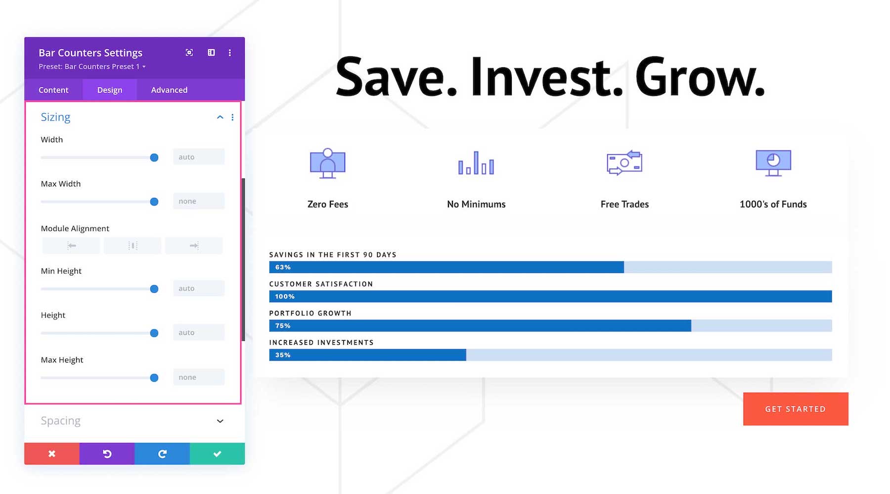Divi Bar Counters Module sizing settings