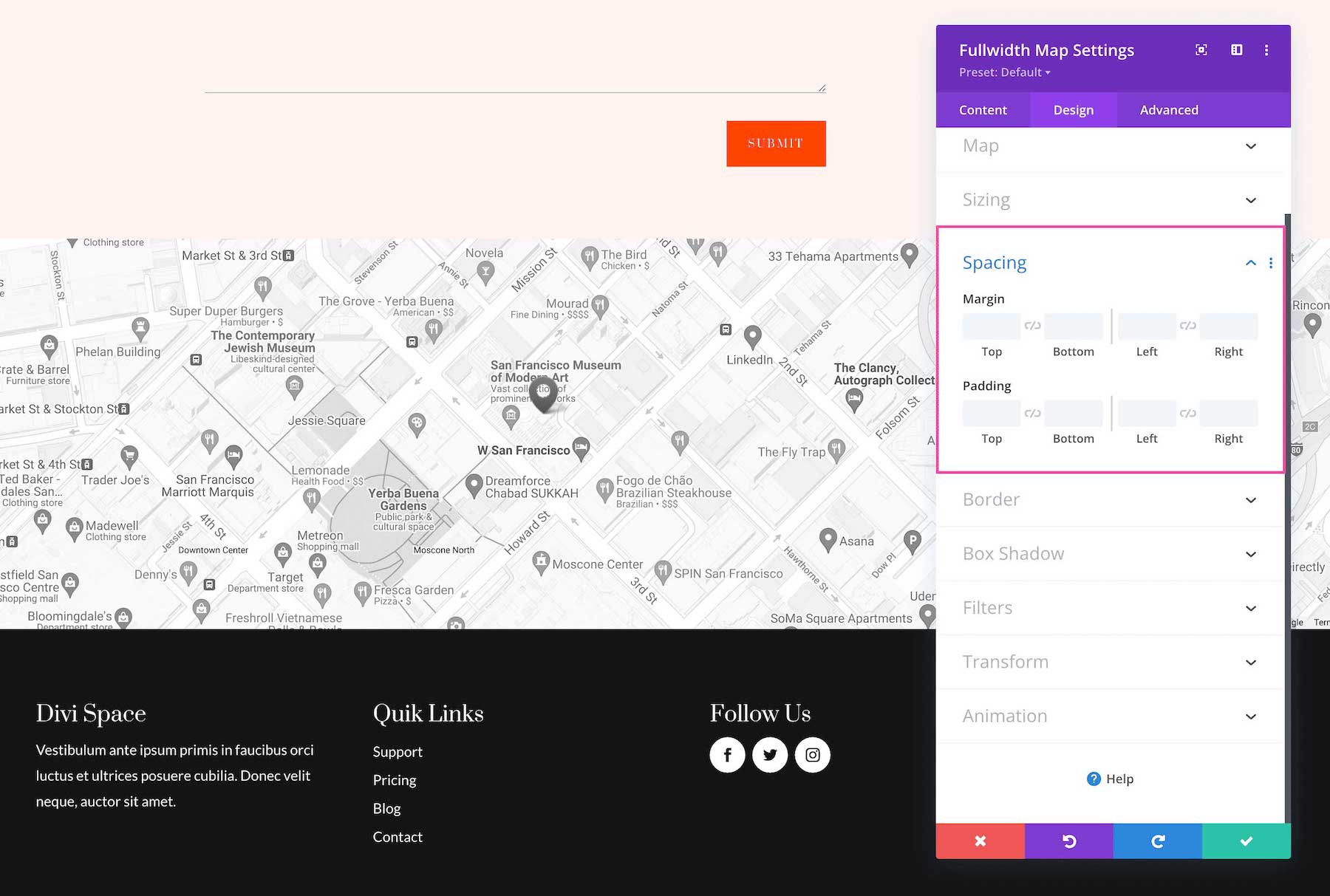 Divi Fullwidth Map Module spacing options