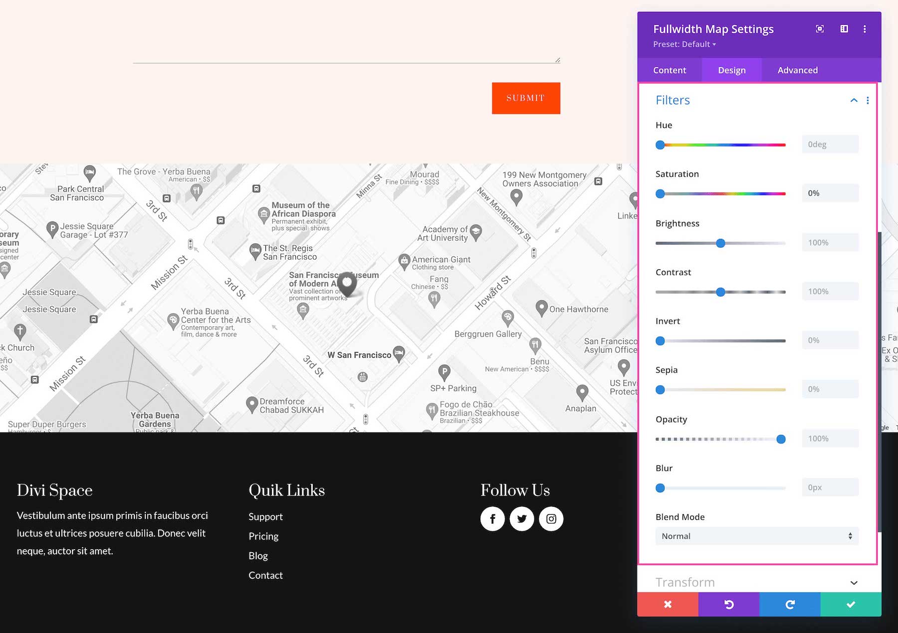 Divi Fullwidth Map Module filter options