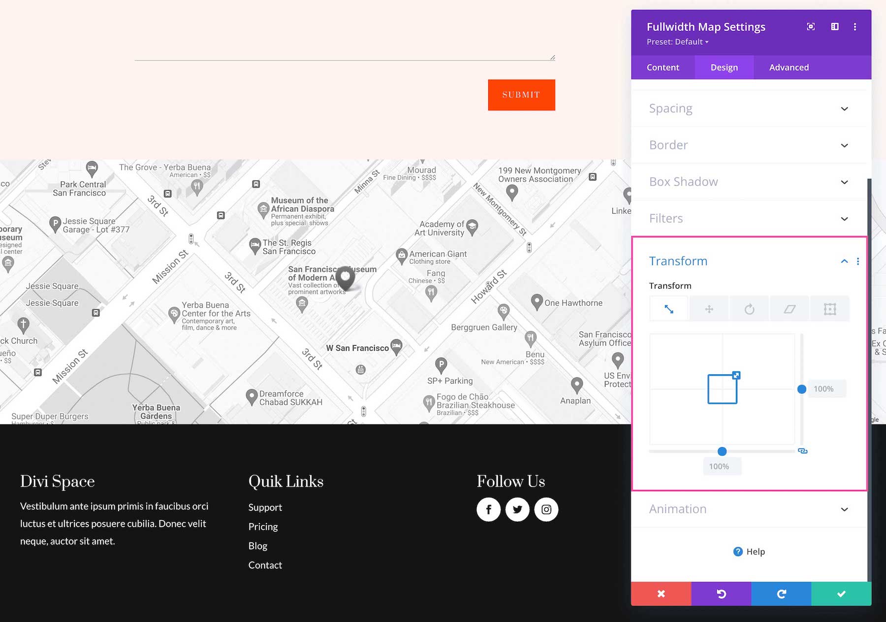 Divi Fullwidth Map Module transform options