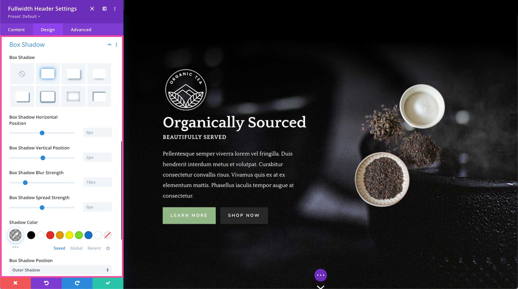 Divi Fullwidth Header Module box shadow