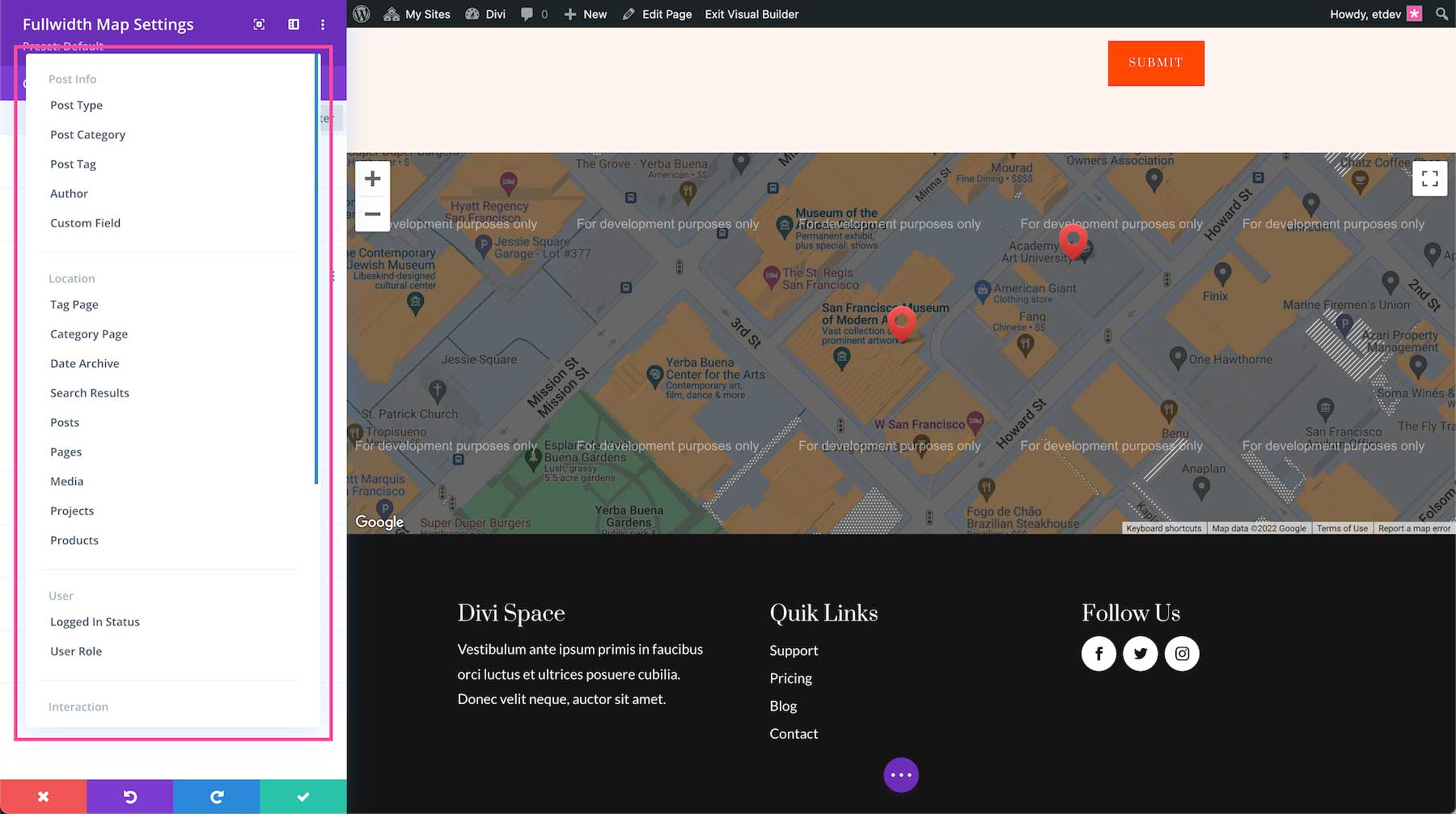 Divi Fullwidth Map module conditions