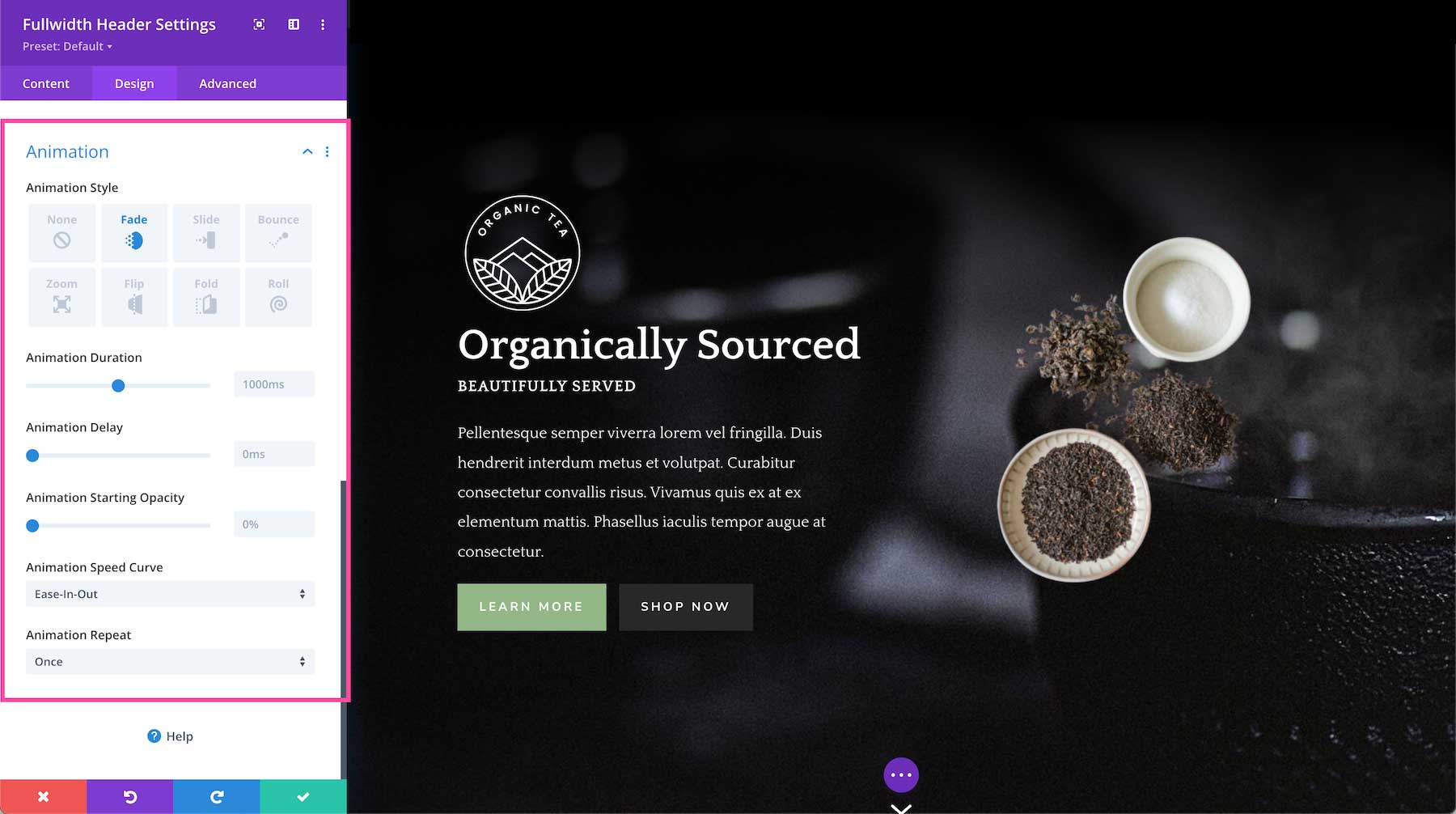 Divi Fullwidth Header Module animations
