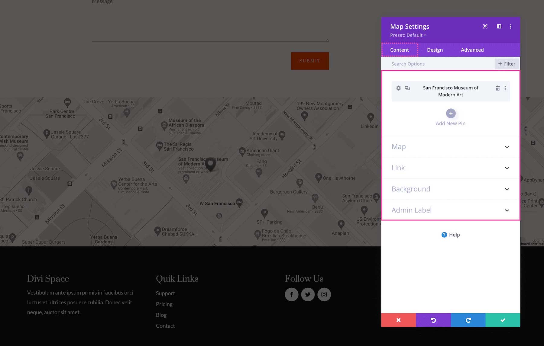 The Divi Fullwidth Map Module Content Settings