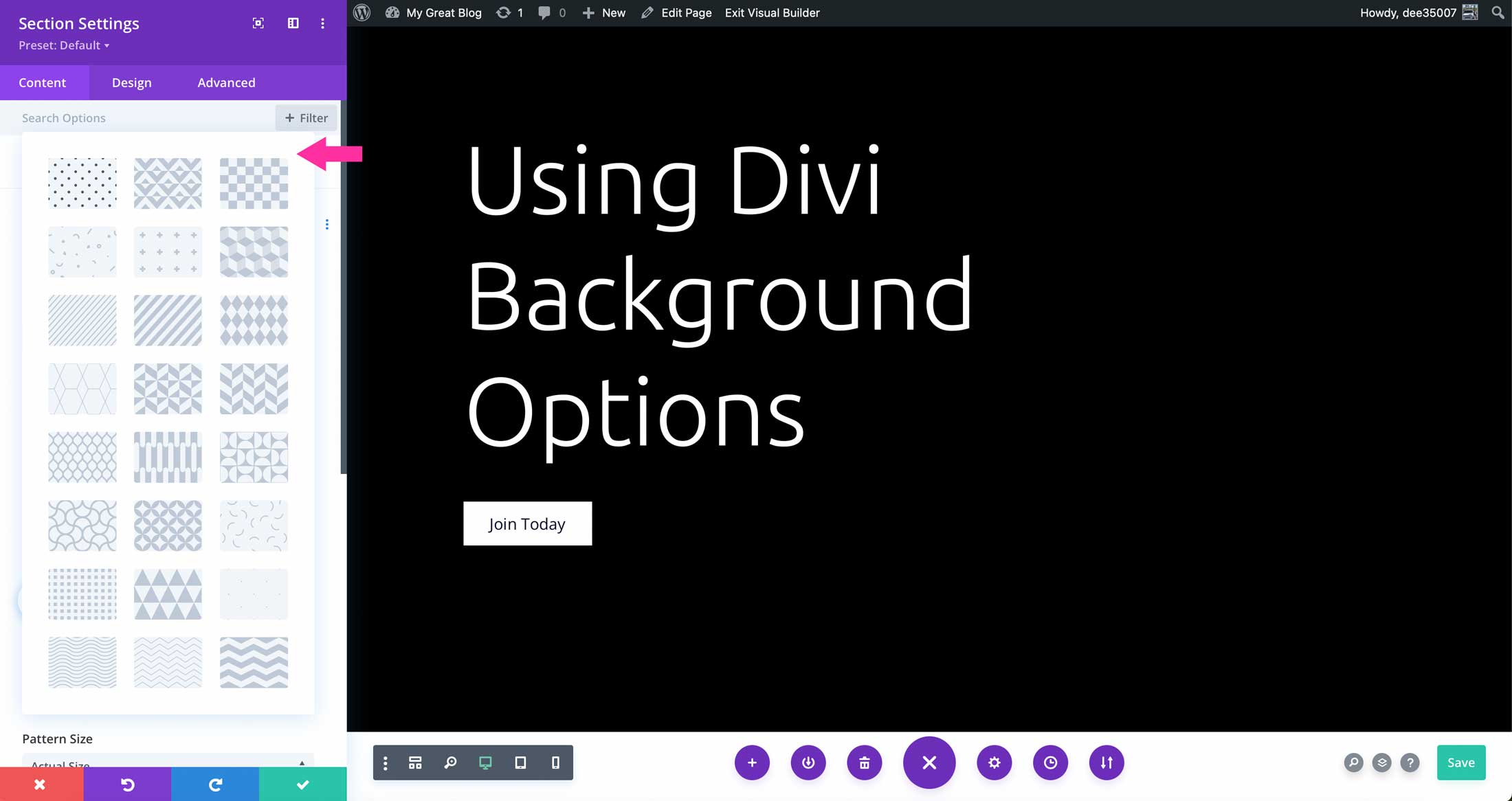 divi pattern options