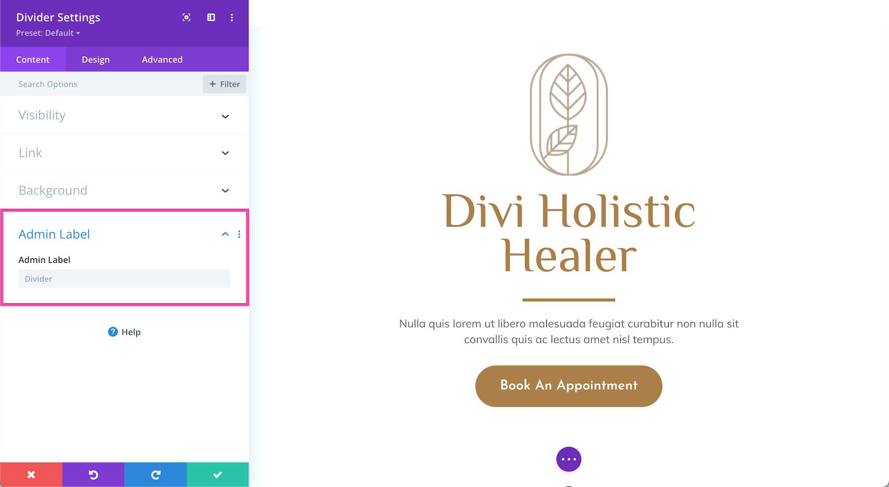 Divi Divider Module admin label