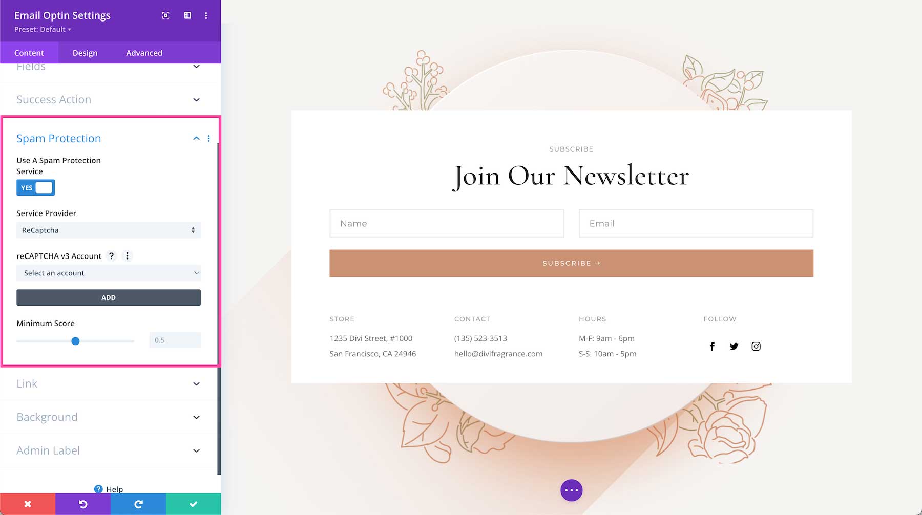 Divi Email Optin Module. spam protection