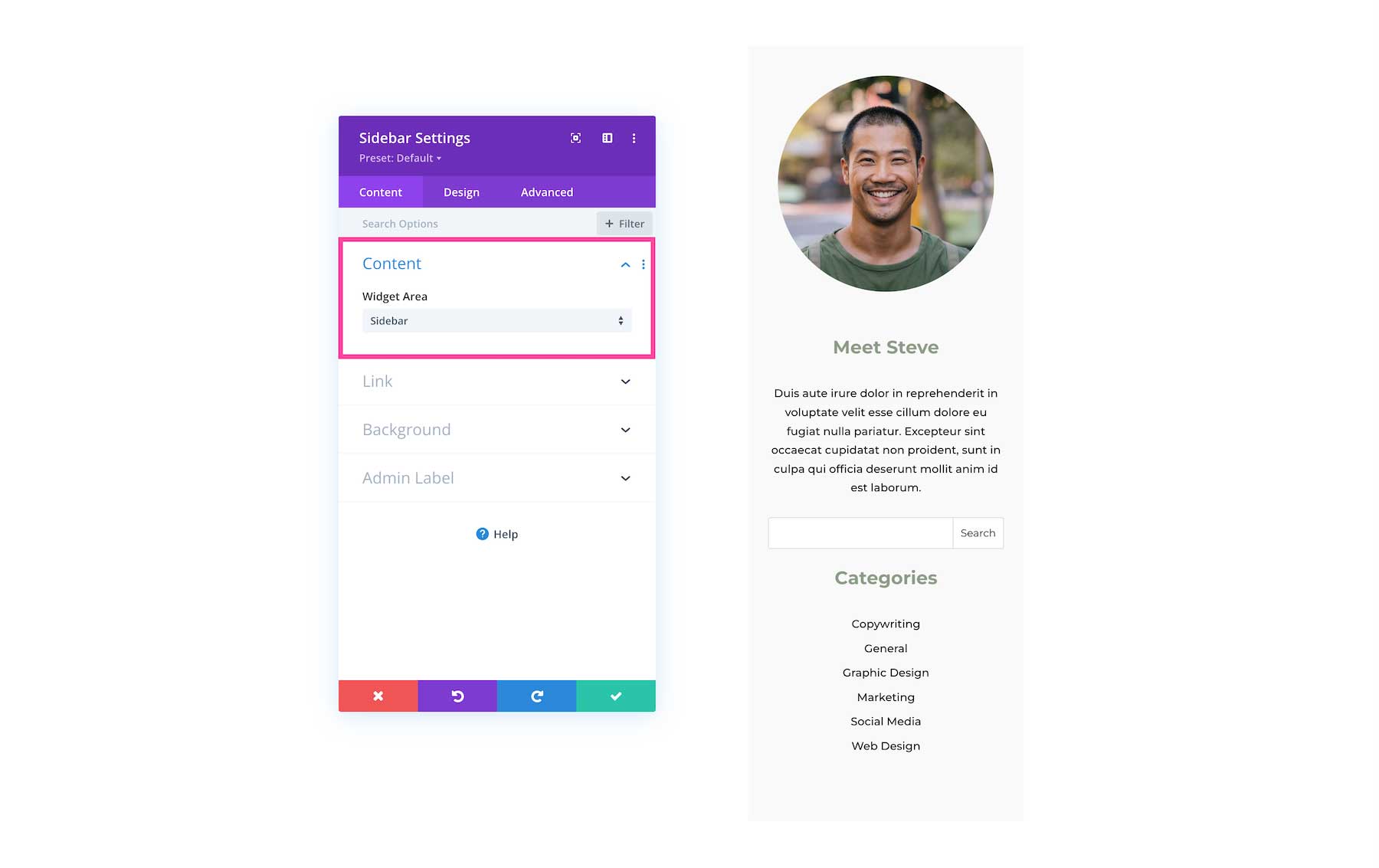 Divi Sidebar Module widget options
