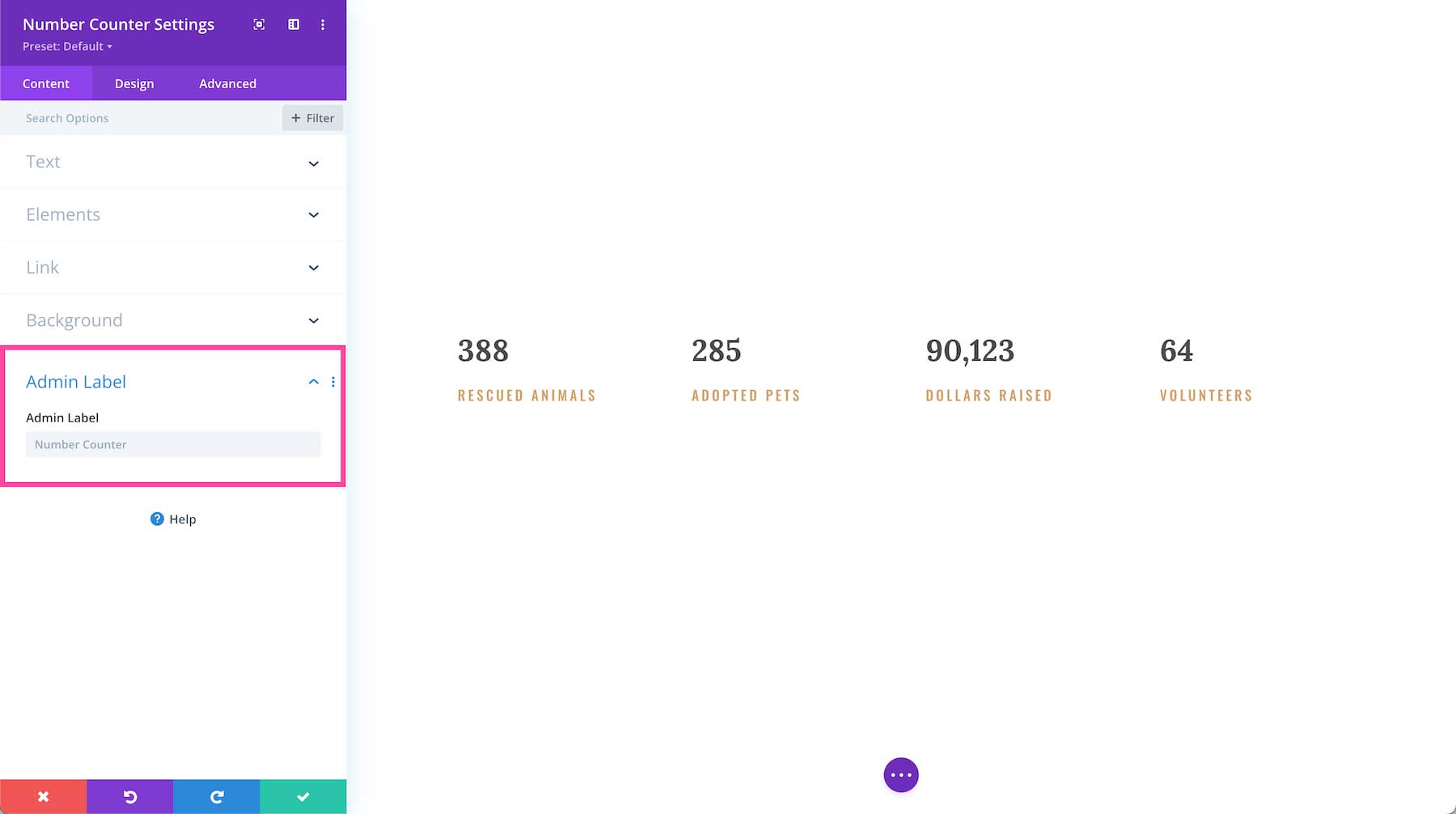 Divi Number Counter Module admin label