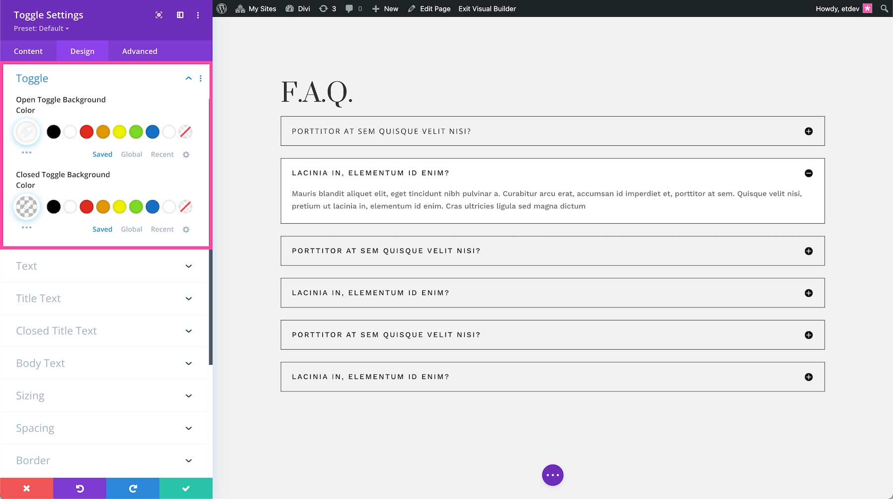 Divi toggle module color options