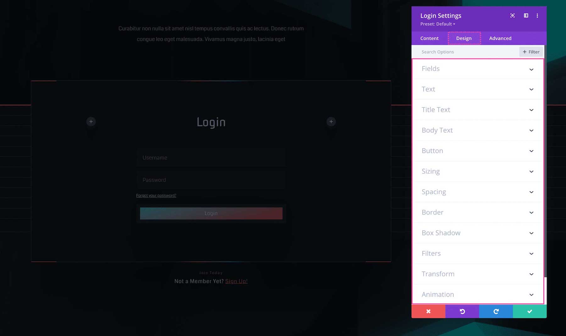 Divi Login Module Design settings