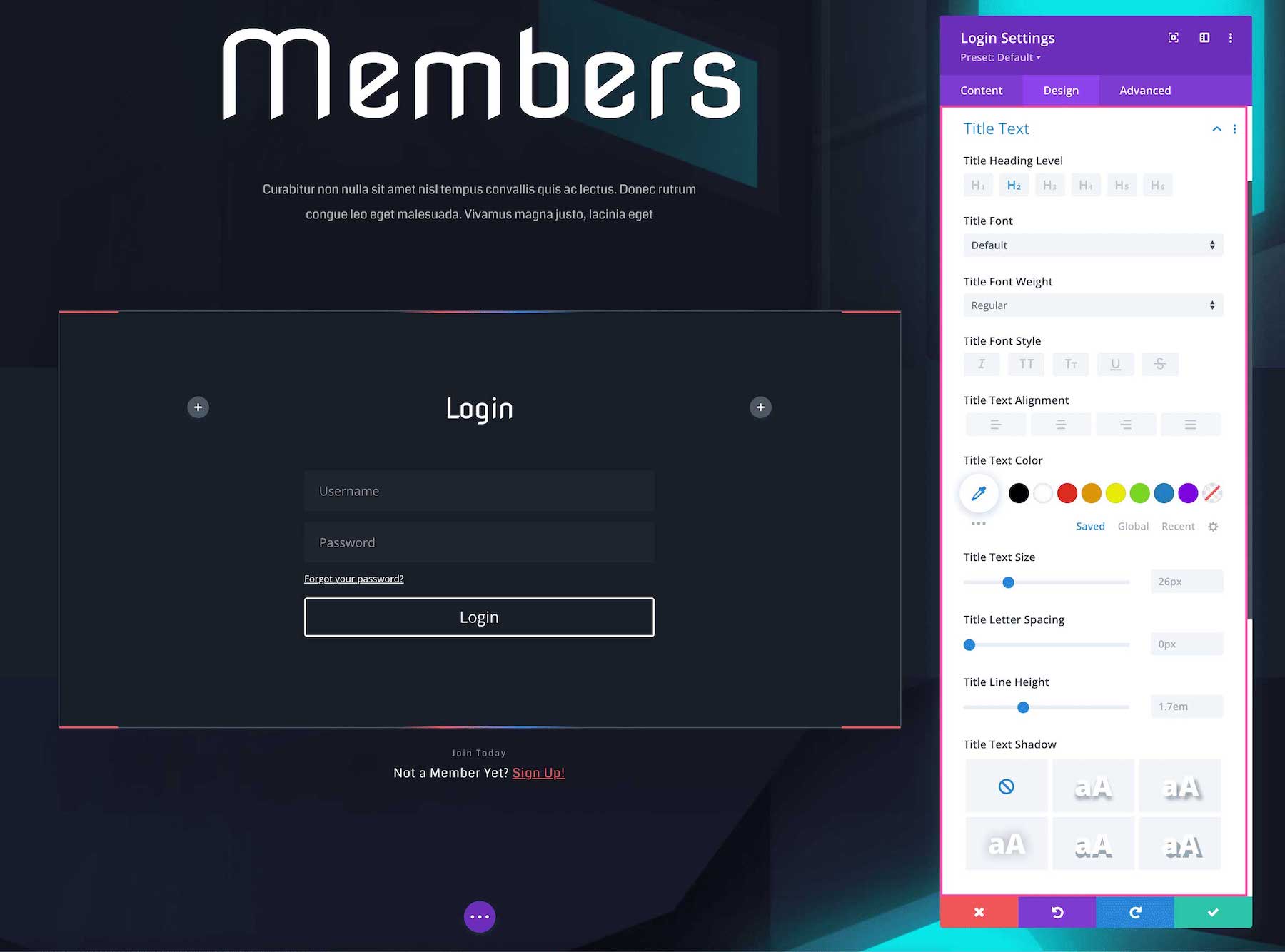 Divi Login Module Title Text settings
