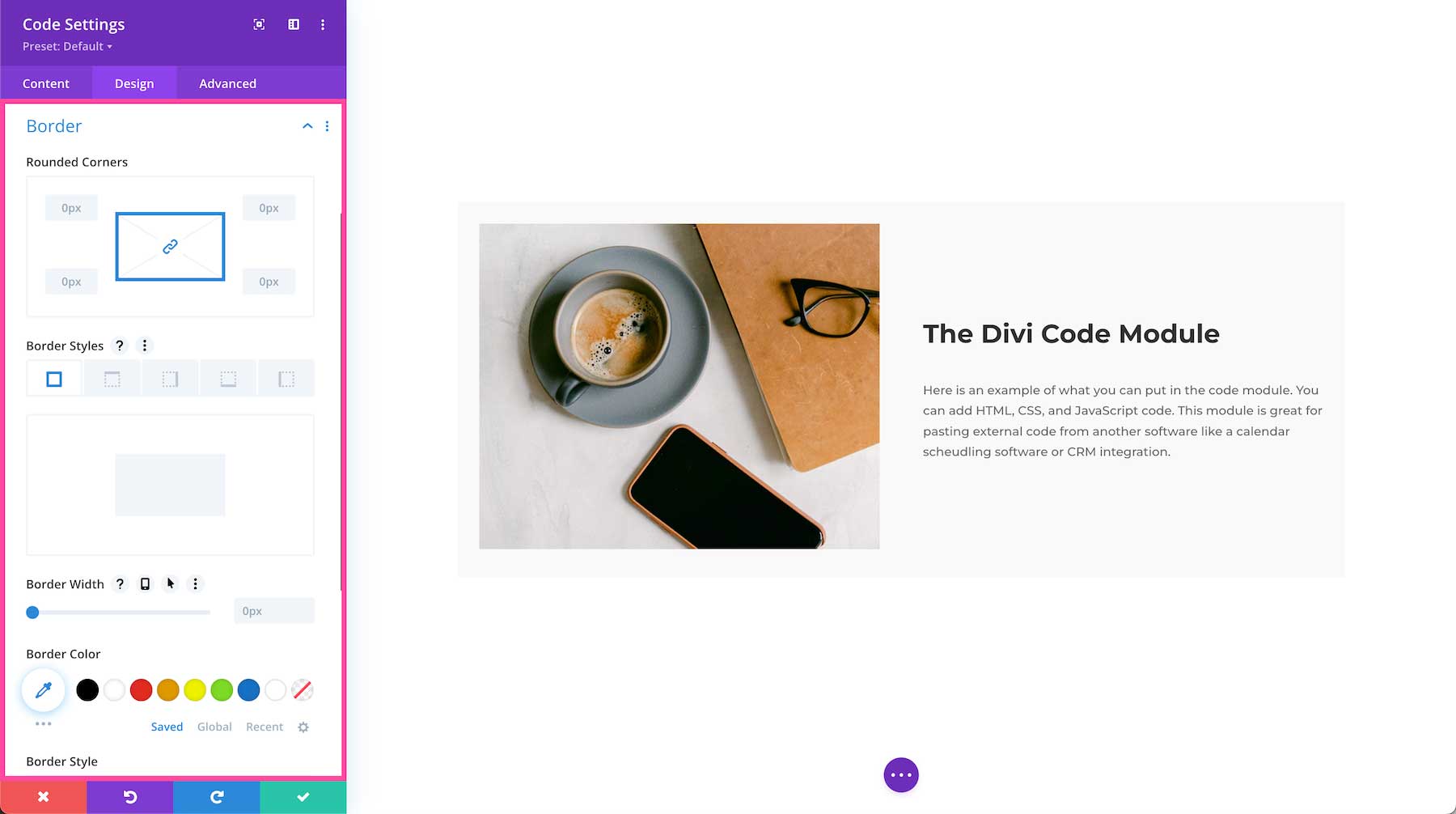 Divi Code Module border options