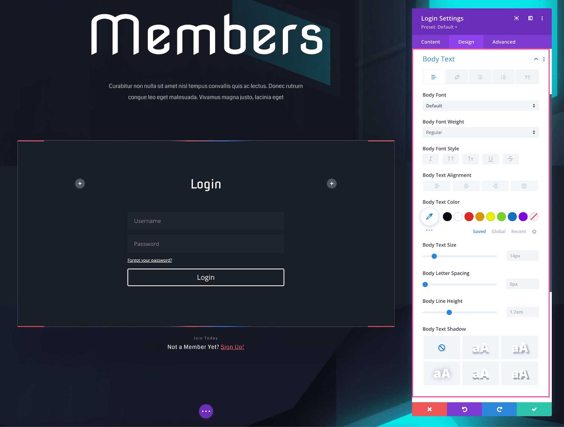 Divi Login Module Body Text settings