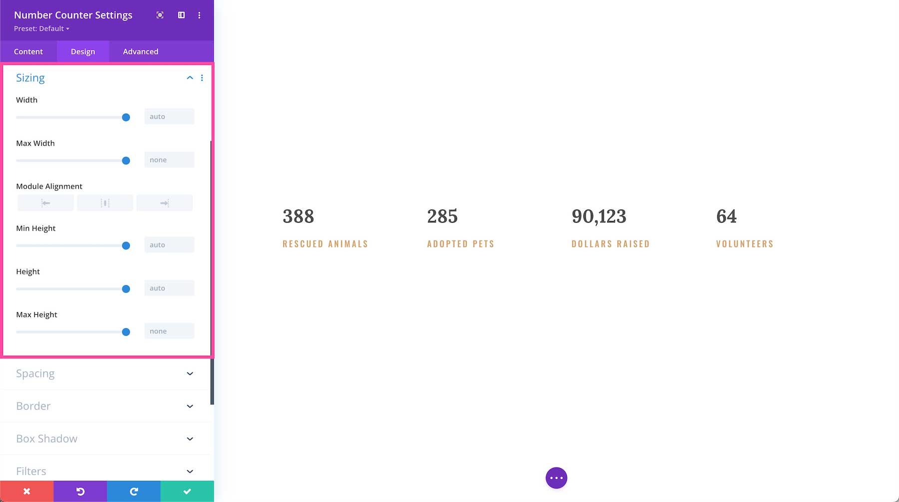 Divi Number Counter Module sizing