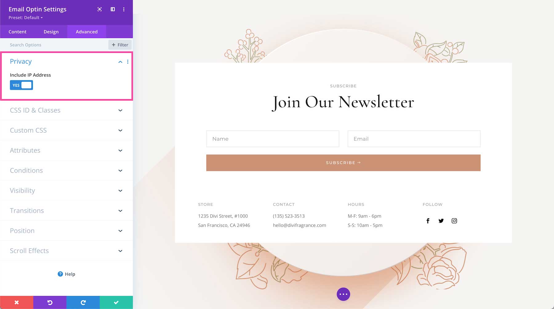 Divi Email Optin Module privacy settings