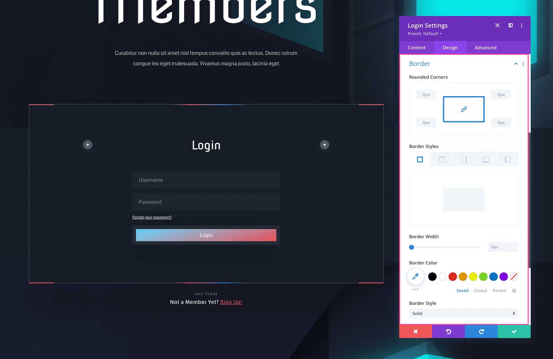 Divi Login Module border settings