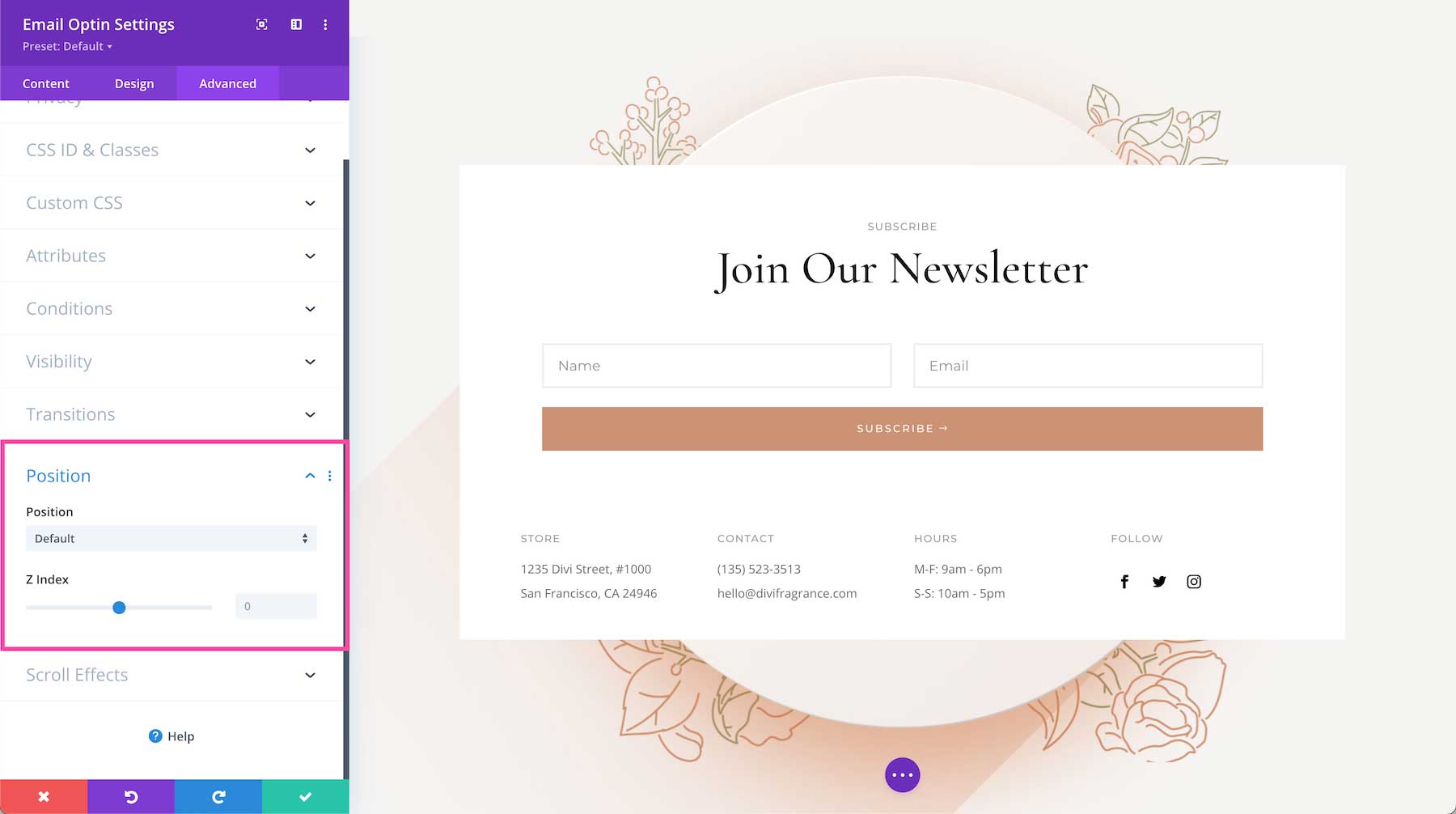 Divi Email Optin Module position