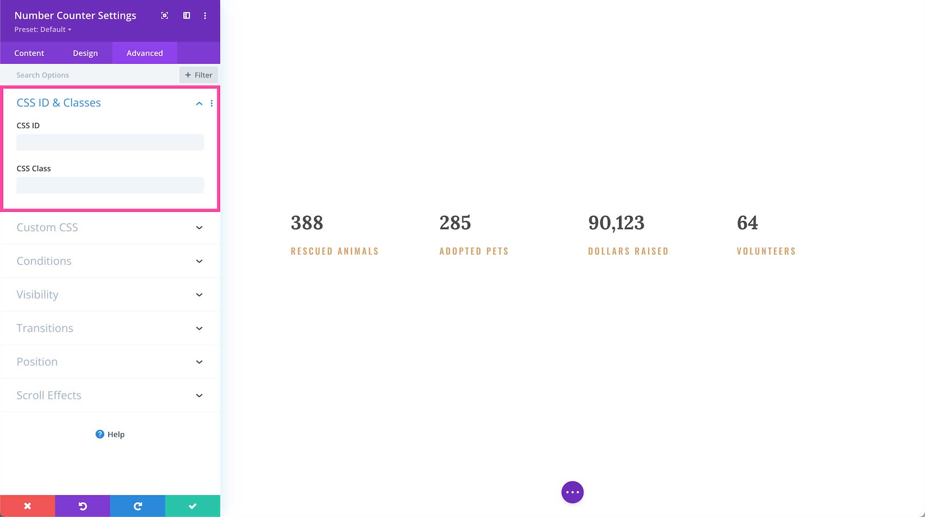 Divi Number Counter Module css IDs and classes