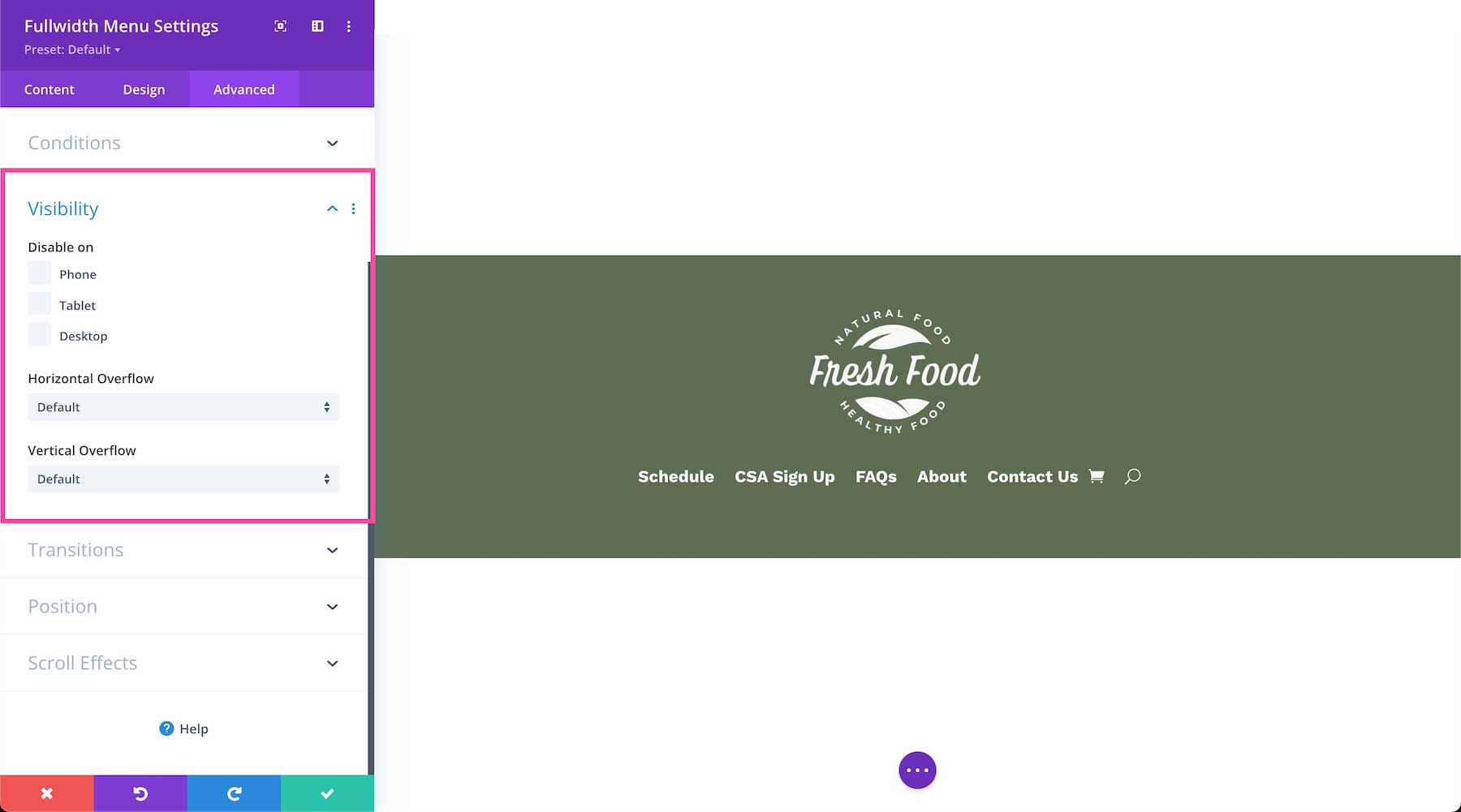 Divi Fullwidth Menu Module visibility settings