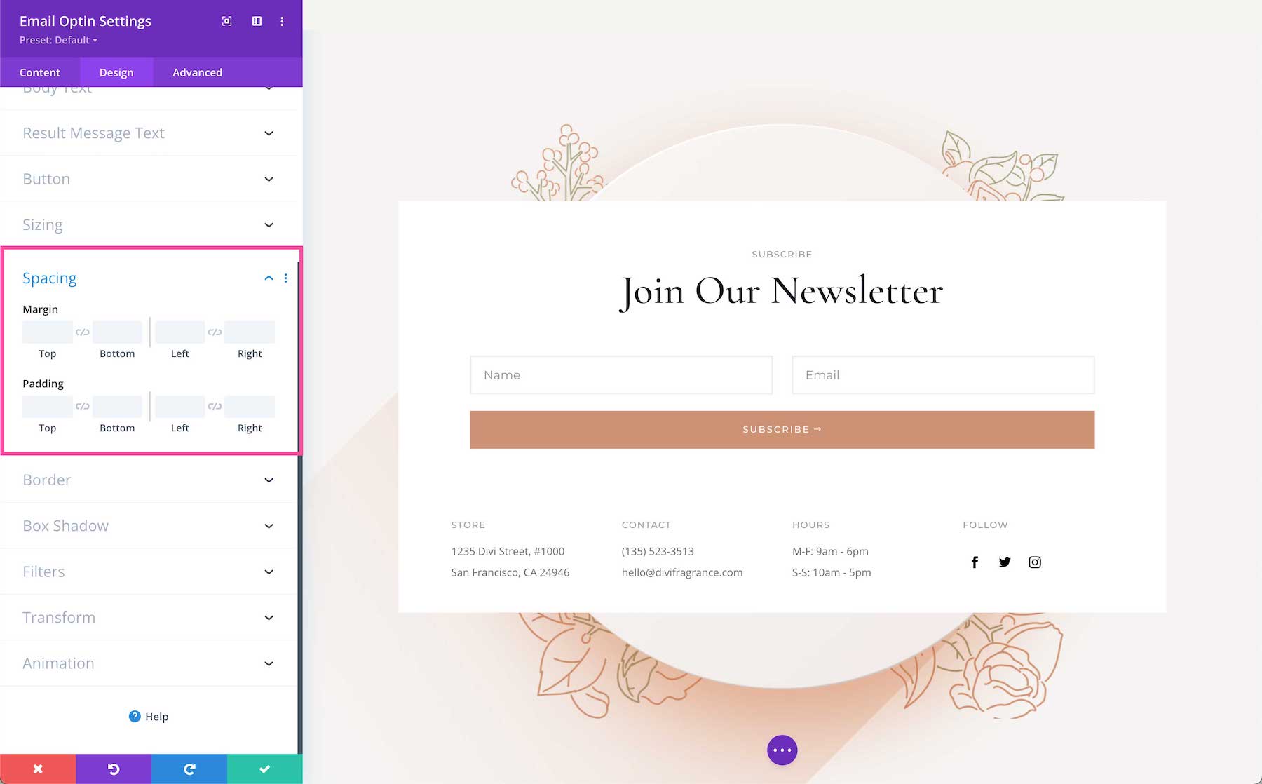 Divi Email Optin Module spacing options