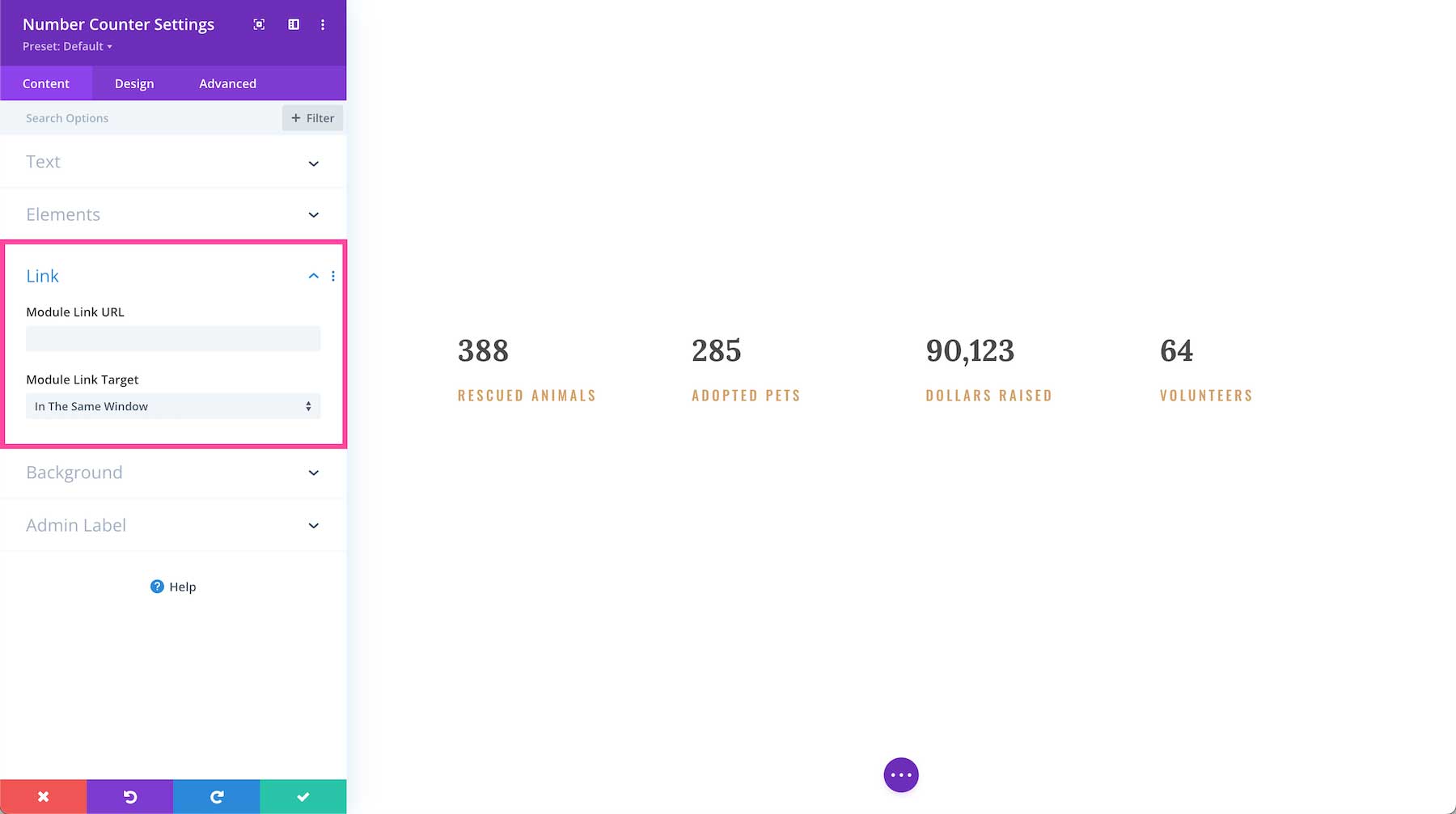 Divi Number Counter Module link settings