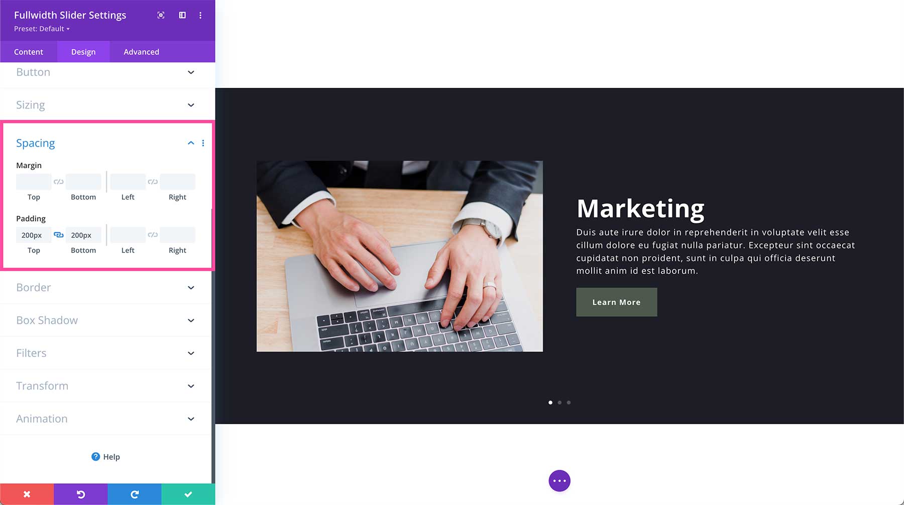 Divi Fullwidth Slider Module spacing