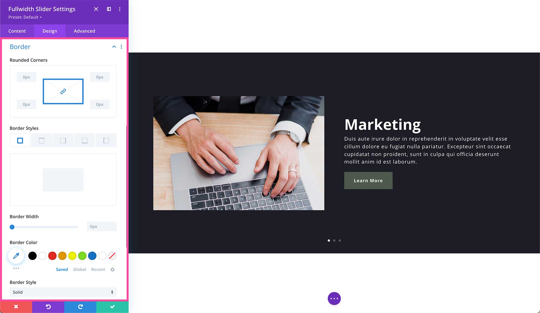 Divi Fullwidth Slider Module border options