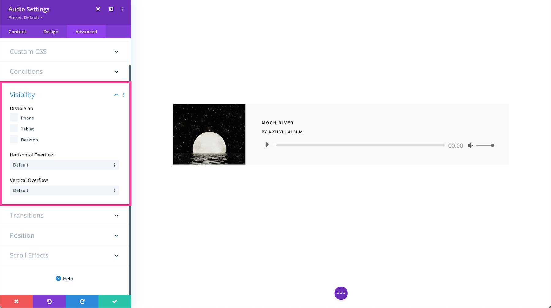 Divi Audio Module visibility