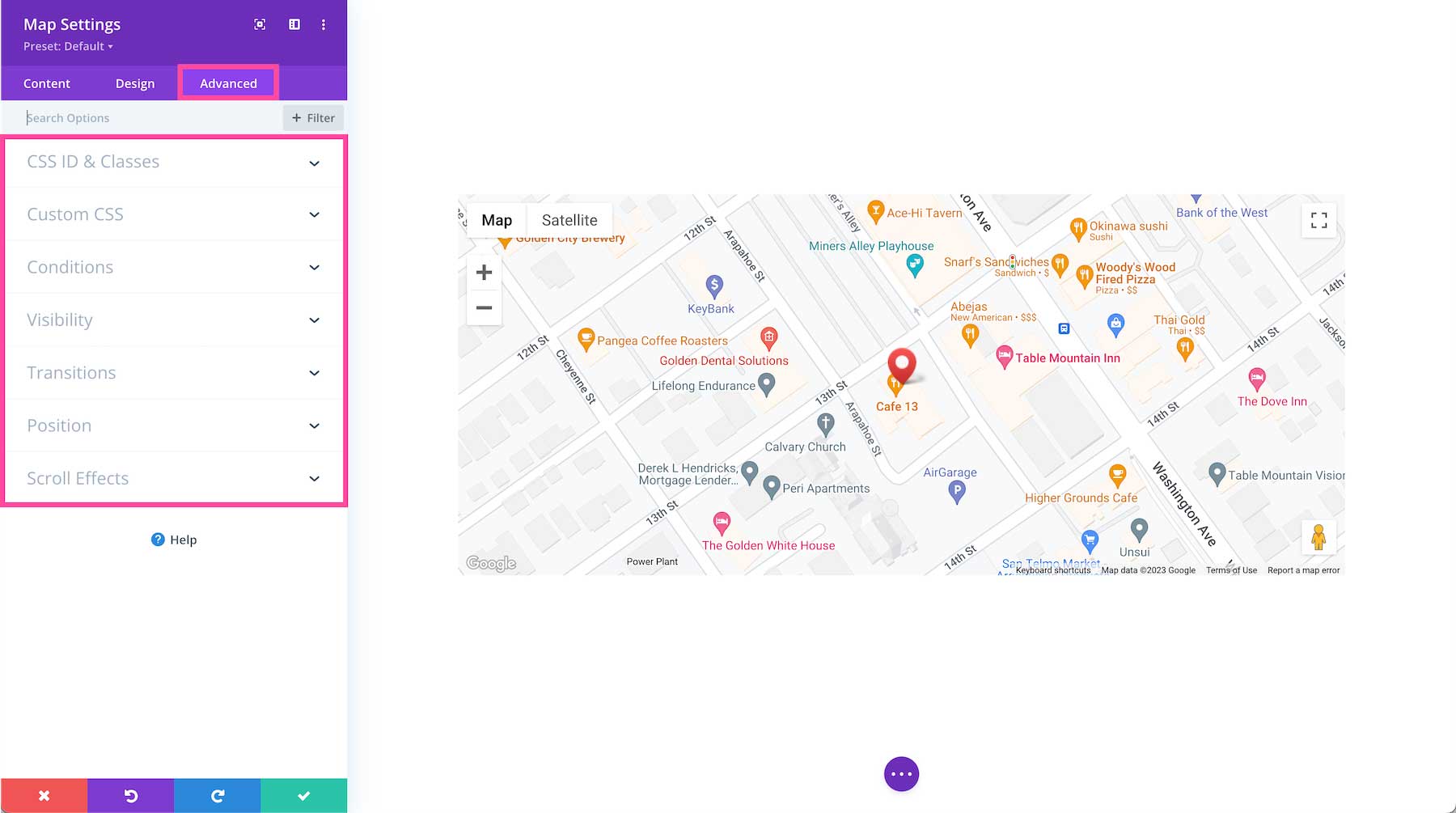 Divi Map Module advanced settings
