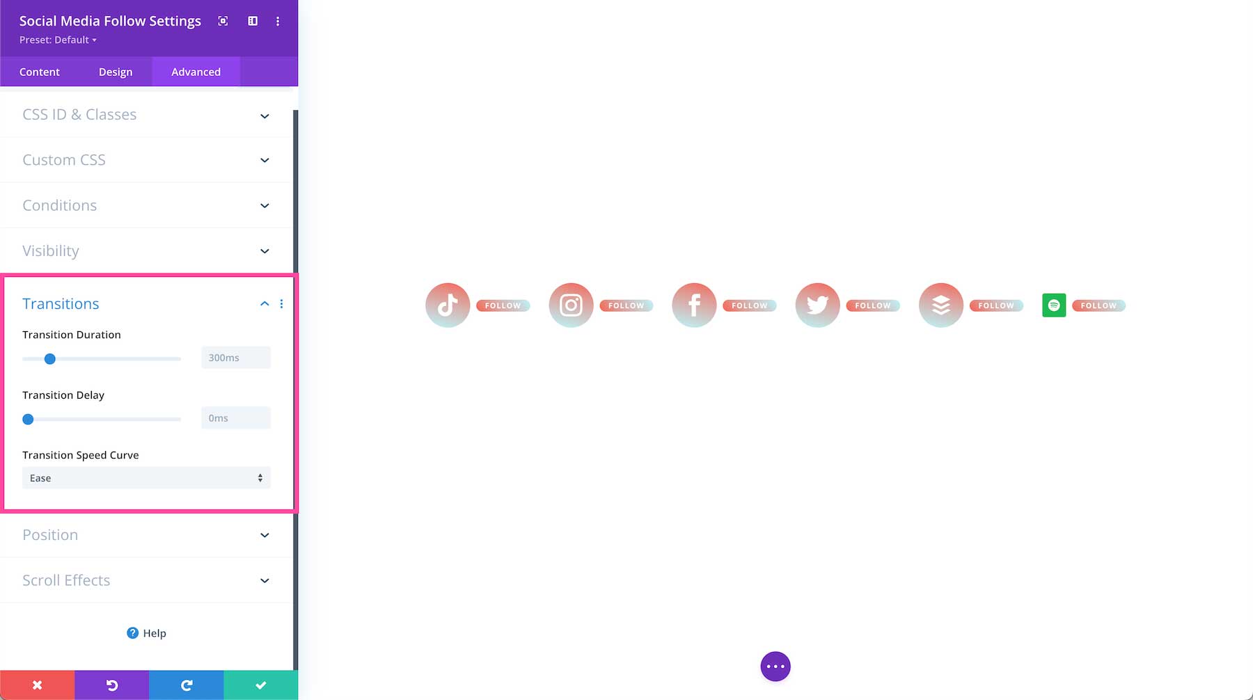 Divi Social Media Module transitions